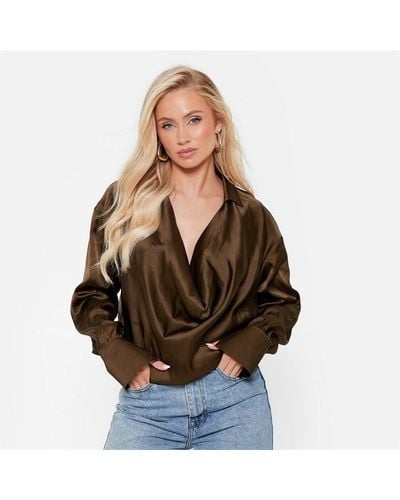 I Saw It First Cowl Neck Plunge Satin Blouse - Brown