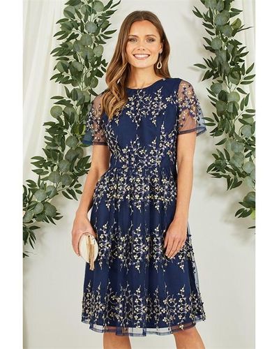 Yumi' Navy Embroidered Floral Skater Dress - Green