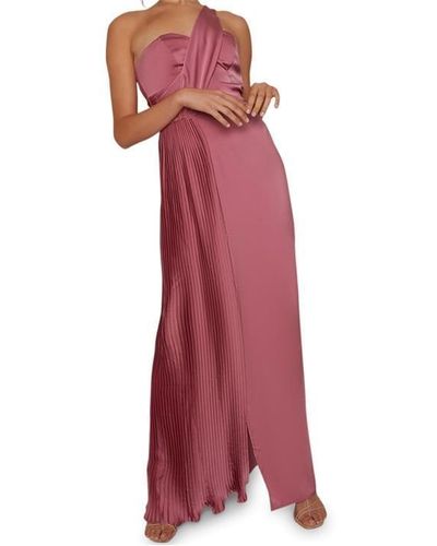 Chi Chi London Pleated Satin One Shoulder Maxi - Red