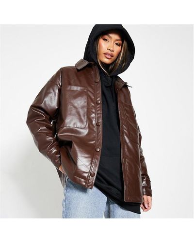 I Saw It First Faux Leather Pocket Detail Oversized Shacket - Brown