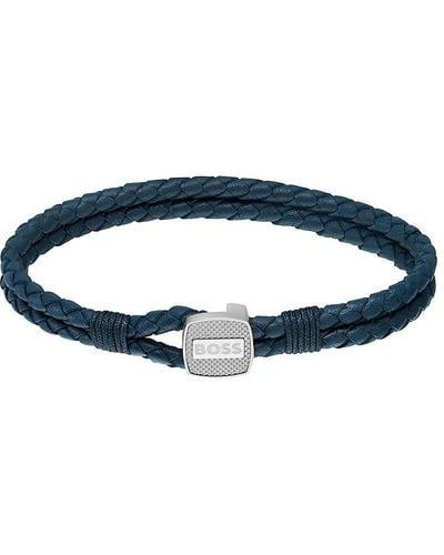 BOSS Gents Seal Leather Bracelet - Blue