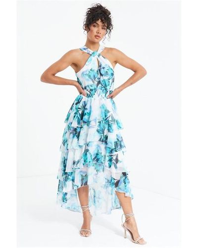 Quiz Floral Tiered Halterneck Dip Hem Dress - Blue