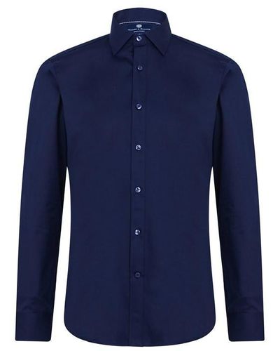 Haines and Bonner Hugh Slim Fit Regular Collar Sateen Shirt - Blue