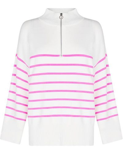 French Connection Cordell Stipe Zip Neck Jumper - Pink
