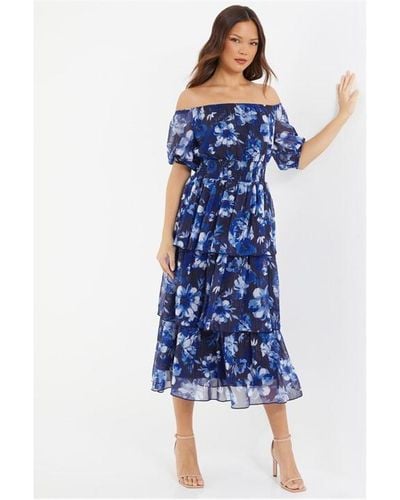 Quiz Floral Chiffon Bardot Midi Dress - Blue