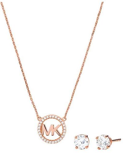 Michael Kors 14k Gold Plated Pave Logo Charm Necklace And Stud Earring Set - Metallic