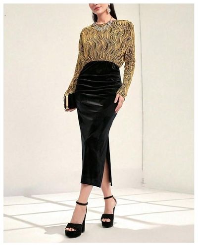 Shorso Striped Print Split Thigh Velvet Dress - Black