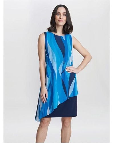 Gina Bacconi Edie Printed Asymmetric Overlay Dress - Blue