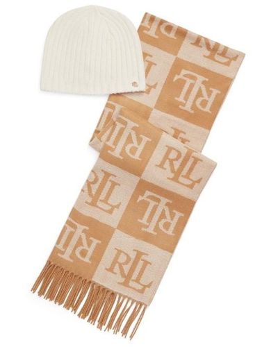 Lauren by Ralph Lauren All Over Logo Print Scarf And Hat Set - Natural