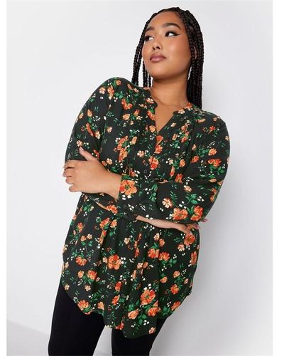 Yours Curve Floral Pintuck Shirt - Green