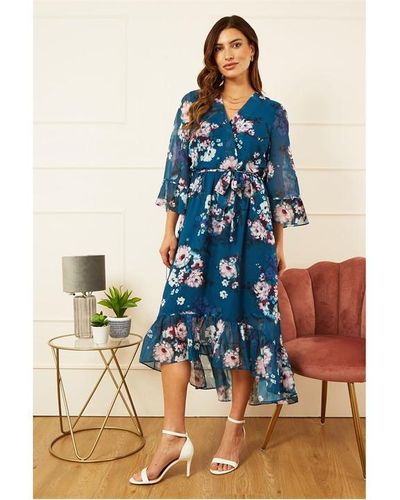 Yumi' Teal Floral Dip Hem Midi Dress - Blue