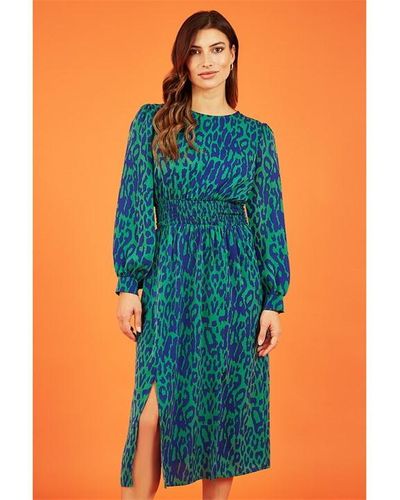 Mela London Animal Print Ruched Midi Dress - Blue