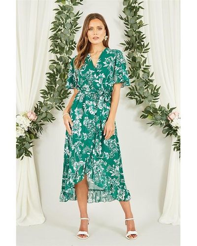 Mela London Floral Wrap Midi Dress - Green
