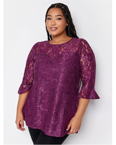 Yours Curve Black Lace Sequin Embellished Swing Top - Purple