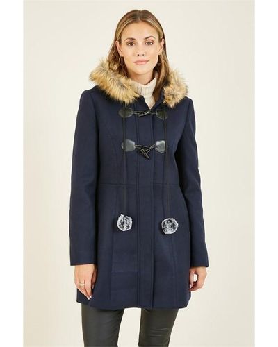 Yumi' Navy Duffle Coat With Fur Trim Hood - Blue