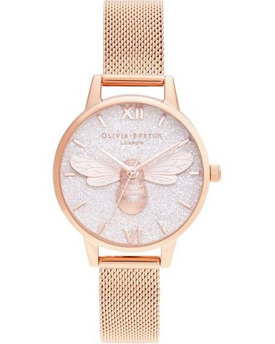 Olivia Burton Glitter Dial 30mm White & Rose Mesh Watch - Pink
