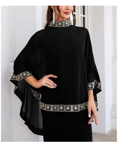 Shorso Embroidery Mock Neck Poncho Cover Up - Black