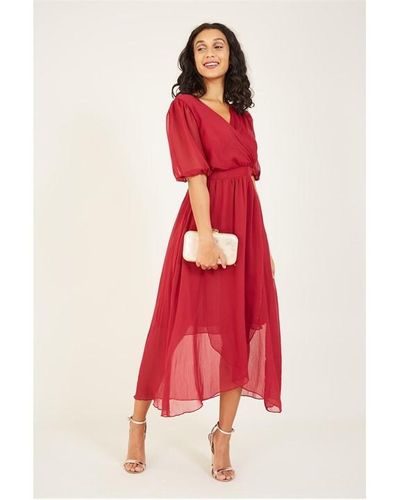 Yumi' Burgundy Sheer Wrap Midi Dress - Red