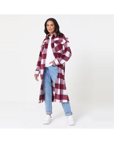 Be You Longline Check Shacket - Red