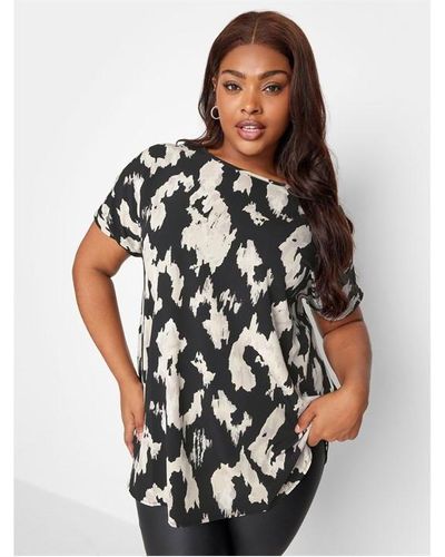 Yours Curve Printed Boxy Top - Black