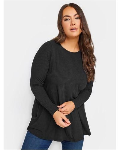 Yours Curve Long Sleeve Rib Swing Top - Black