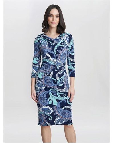 Gina Bacconi Alyssa Printed Jersey Cowl Neck Dress - Blue
