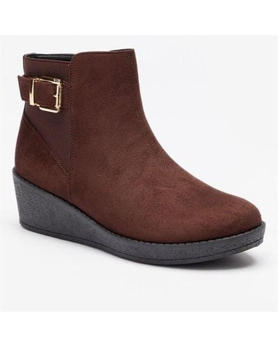 Be You Ultimate Comfort Faux Suede Buckle Detail Wedge Ankle Boots - Brown