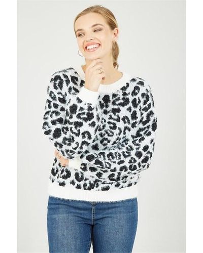 Mela London White Leopard Knitted Fluffy Jumper - Black