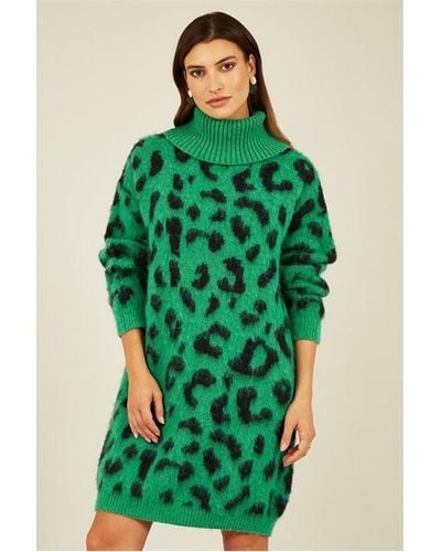 Yumi' Animal Roll Neck Knitted Dress - Green