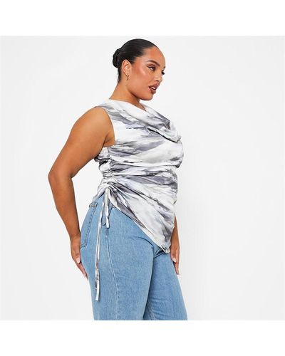I Saw It First Printed Drape Ruched Satin Top - Blue