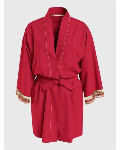 Tommy Hilfiger Ditsy Lace Satin Kimono Robe - Red