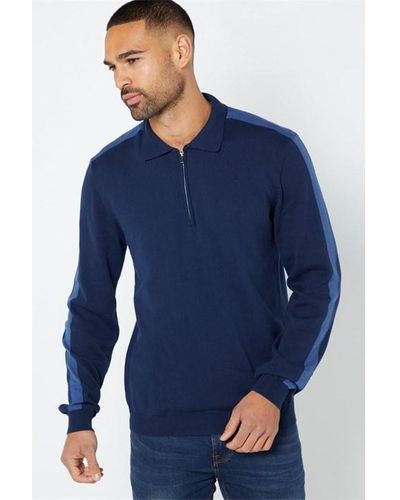 Studio Long Sleeve Knitted Panel Navy Polo Shirt - Blue