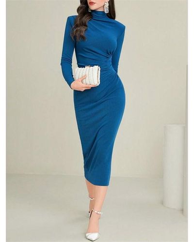 Shorso Stand Collar Long Sleeve Pleated Dress - Blue