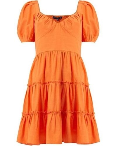 French Connection Alania Puff Sleeve Tiered Midi Dress - Orange
