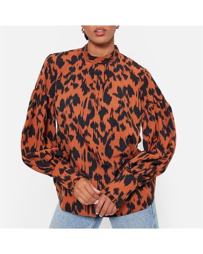 I Saw It First Printed High Neck Deep Cuff Blouse - Red