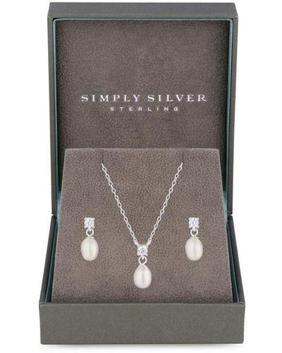 Simply Silver Simply Sterling 925 Pearl And Cz Set - Grey