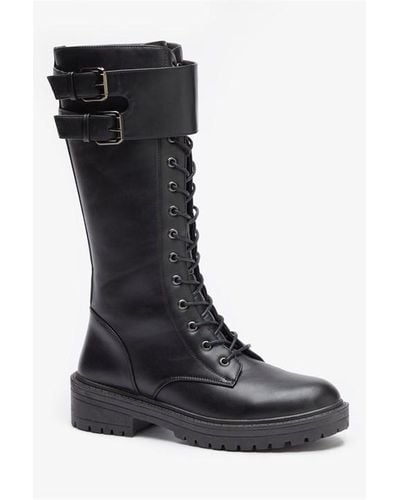 Be You Wide Fit Long Lace Up Biker Boot - Black