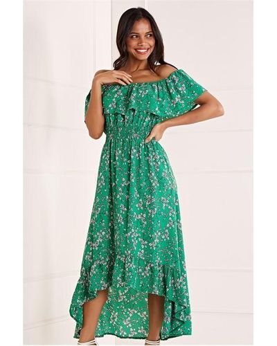 Mela London Ditsy Print Bardot Dress - Green