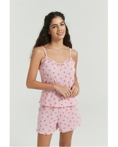Be You Pointelle Cherry Cami Shortie Pyjama - Pink