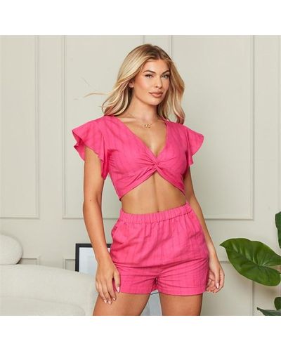 I Saw It First Textured Linen Look Twist Front Crop Top Co-ord - Pink