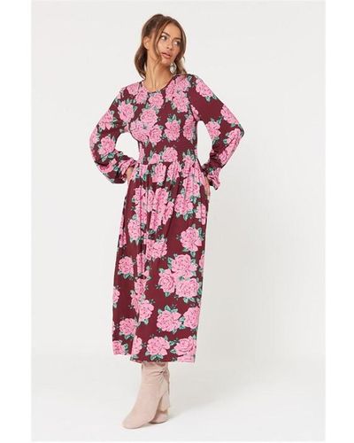 Be You Sleeve Floral Shirred Midi Dress - Pink