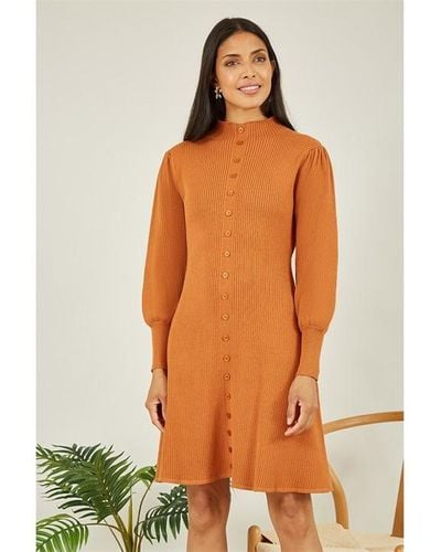 Yumi' Mustard Knitted Button Up Midi Dress - Orange