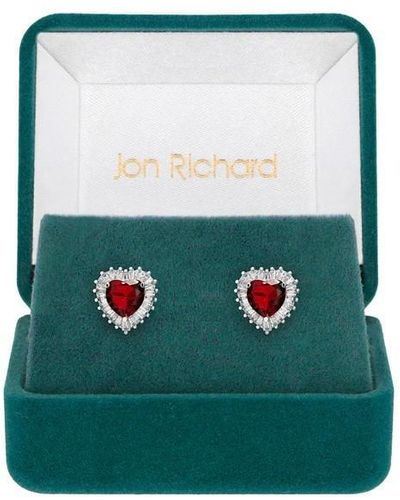 Jon Richard Rhodium Plated Cz Ruby Heart Stud Earrings - Green