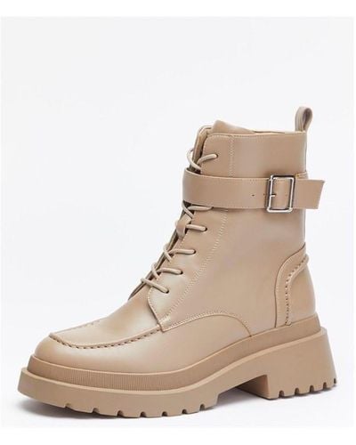 Be You High Cut Lace Up Buckle Biker Boot - Natural