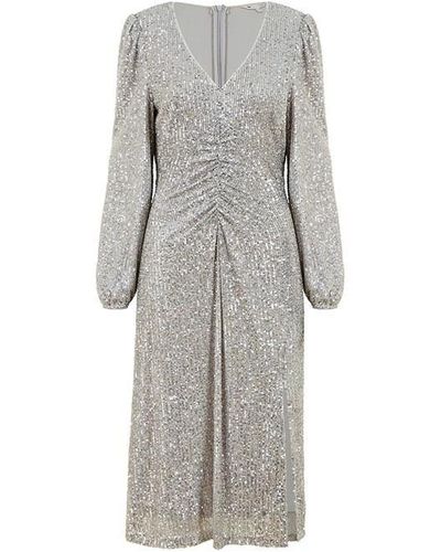 Yumi' Sequin Ruched Front Midi Dress - Grey