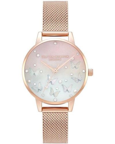Olivia Burton Sparkle Butterfly 30mm Ombre & Rose Gold Mesh Watch - Pink