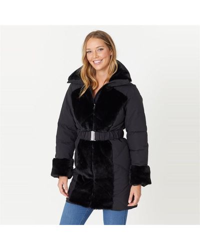 Be You Quilted Bleted Faux Fur Coat - Black