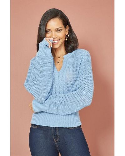 Yumi' Balloon Sleeve Cable Knit Jumper - Blue