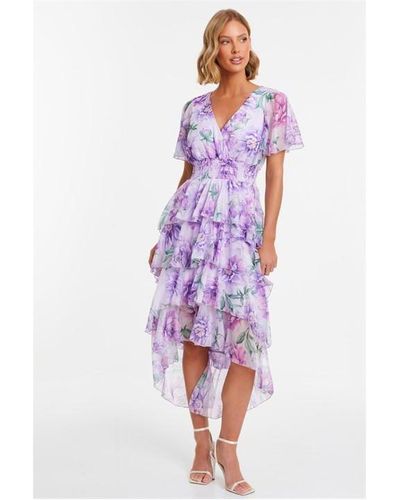 Quiz Floral Chiffon Tiered Dip Hem Dress - Purple