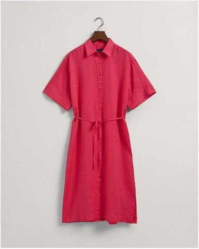 GANT Linen Short Sleeve Shirt Dress - Red